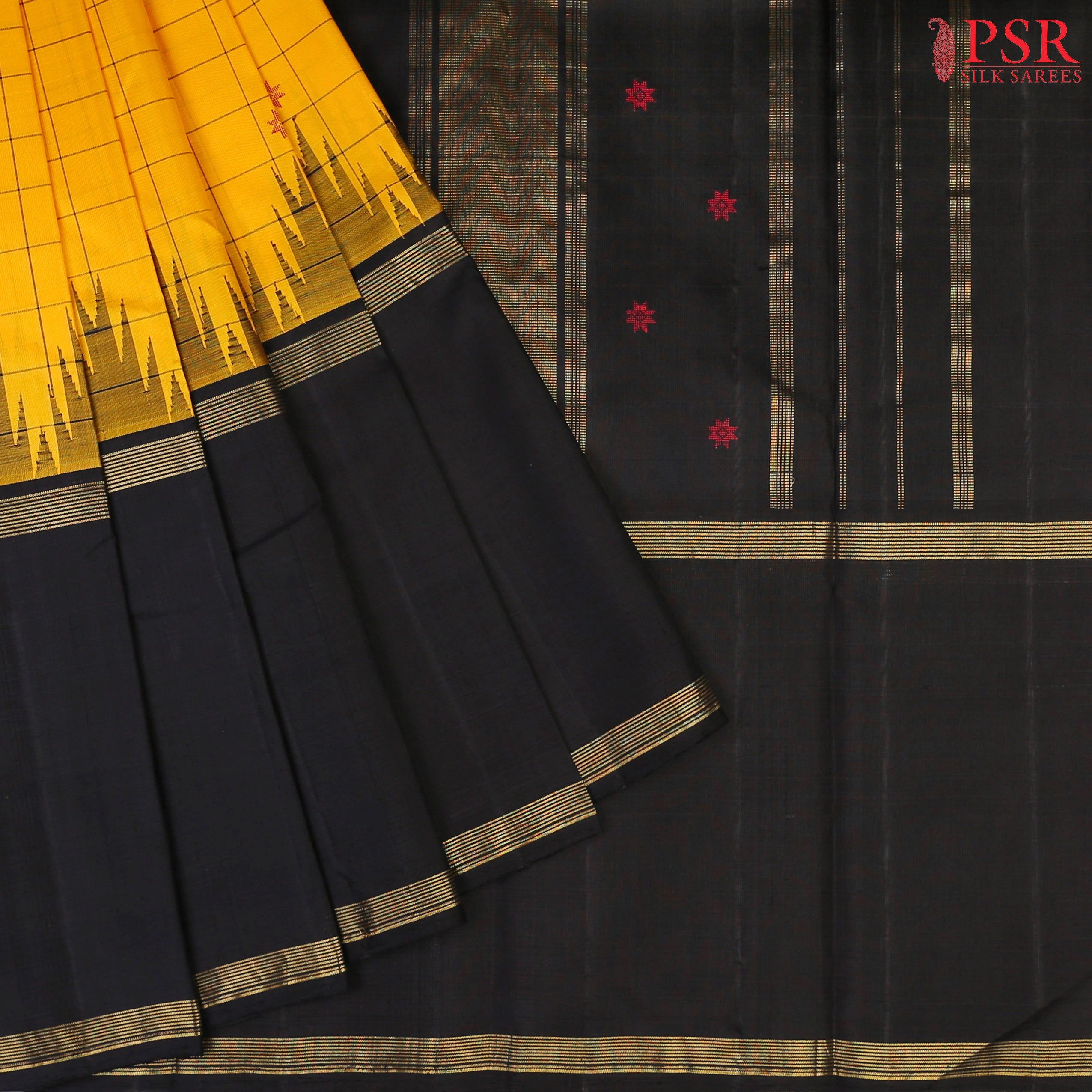 Amber Yellow Kanchipuram Silk Saree with Black Checks, Floral Thread Motifs & Black Zari Chit Pallu – Smartika Kanjivaram Collection by PSR Silks