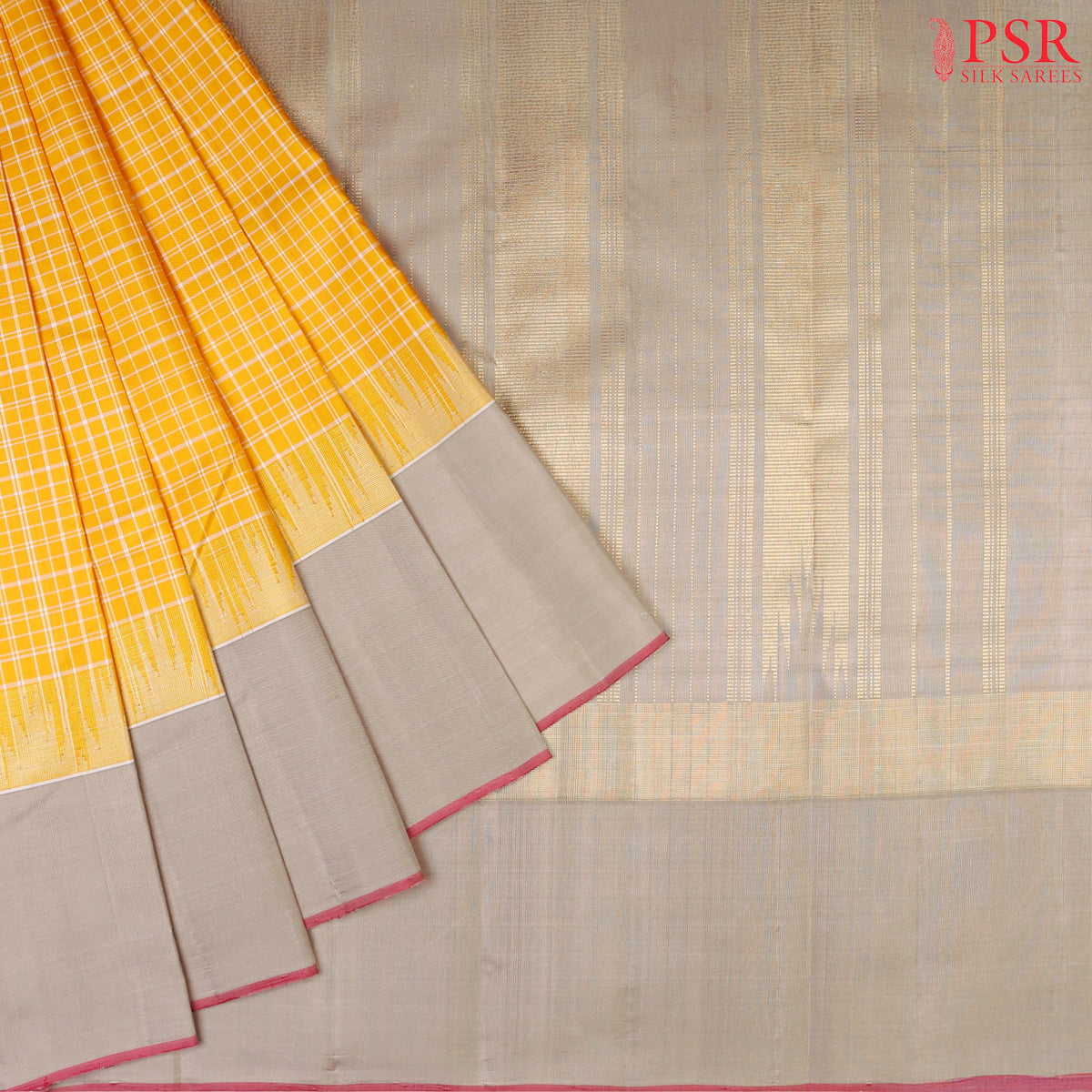 Amber Yellow Kanchipuram Silk Saree with small checkered weave, Taupe Grey zari chit pallu, temple border, and a matching plain Taupe Grey blouse