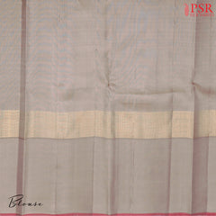 Amber Yellow Kanchipuram Silk Saree with small checkered weave, Taupe Grey zari chit pallu, temple border, and a matching plain Taupe Grey blouse