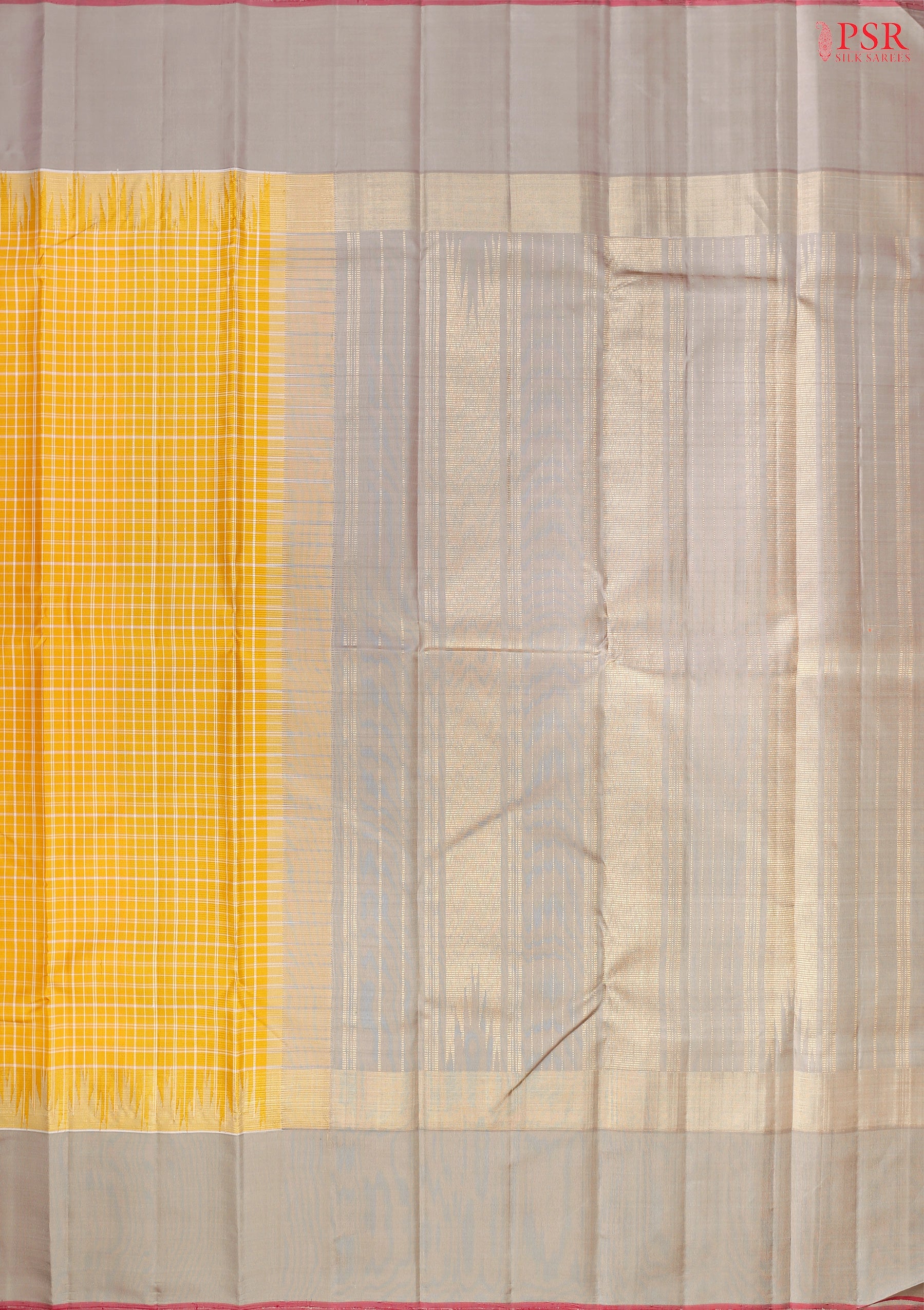 Amber Yellow Kanchipuram Silk Saree with small checkered weave, Taupe Grey zari chit pallu, temple border, and a matching plain Taupe Grey blouse