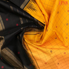 Amber Yellow Kanchipuram Silk Saree with Black Checks, Floral Thread Motifs & Black Zari Chit Pallu – Smartika Kanjivaram Collection by PSR Silks