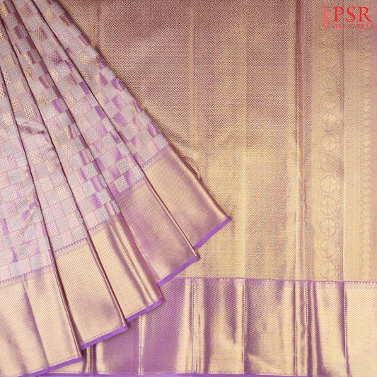 PSR Silk Sarees presents a breathtaking Amethyst Purple Kanchipuram Silk Saree, categorized under "Bridal Kanjivaram"—a perfect blend of luxury and tradition