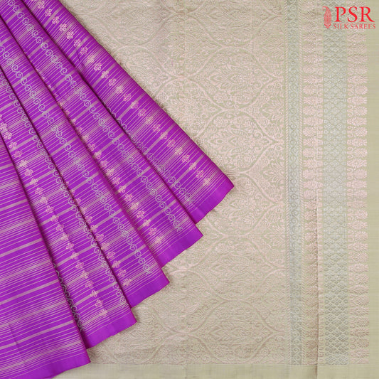 PSR Silk Sarees presents a Amethyst Violet&nbsp;Soft Silk Saree, beautifully complemented with an&nbsp;Olive Mist combination. 