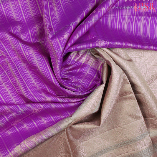 PSR Silk Sarees presents a Amethyst Violet&nbsp;Soft Silk Saree, beautifully complemented with an&nbsp;Olive Mist combination. 