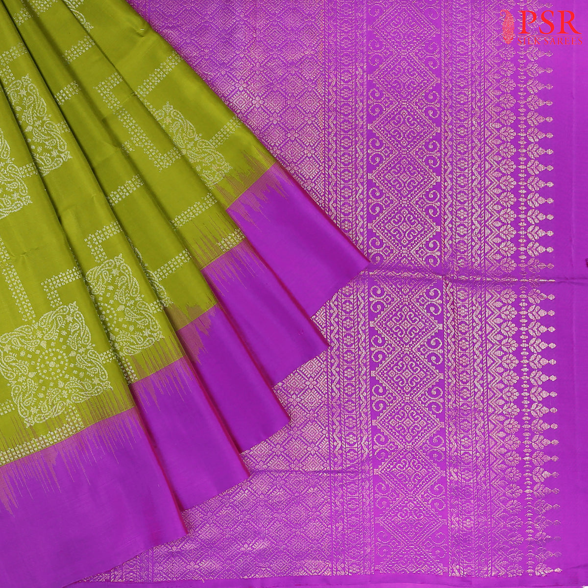 "Embrace Elegance with PSR Silks' Apple Green &amp; French Violet Soft Silk Saree!"