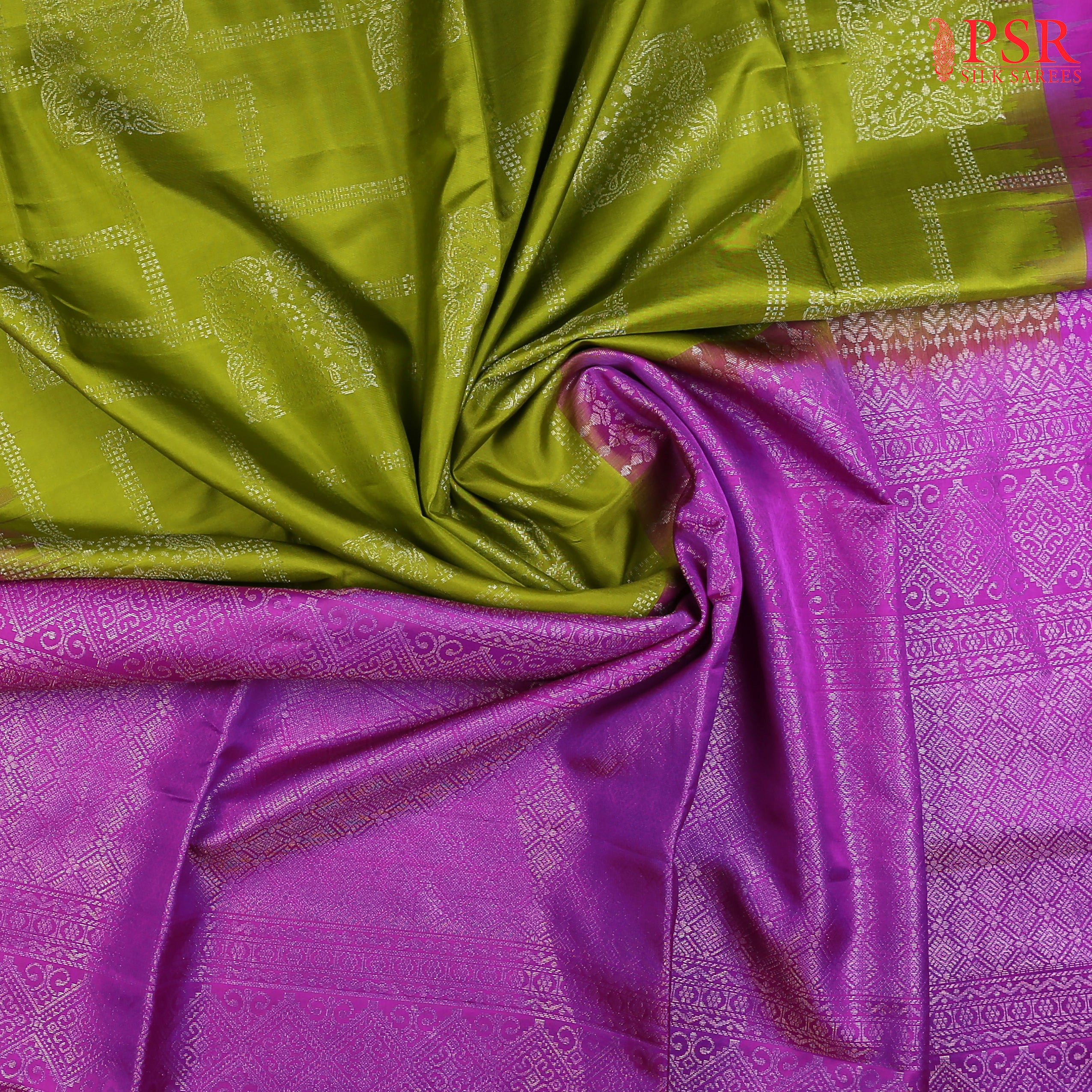 "Embrace Elegance with PSR Silks' Apple Green &amp; French Violet Soft Silk Saree!"