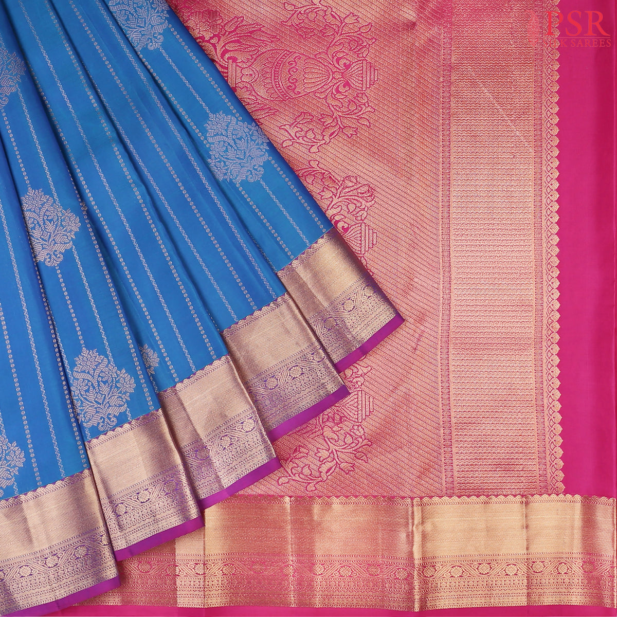 PSR Silks presents a Azure Blue Fancy Kanchipuram Silk Saree, elegantly paired with a striking Magenta Pink combination. A timeless blend of tradition and grace!