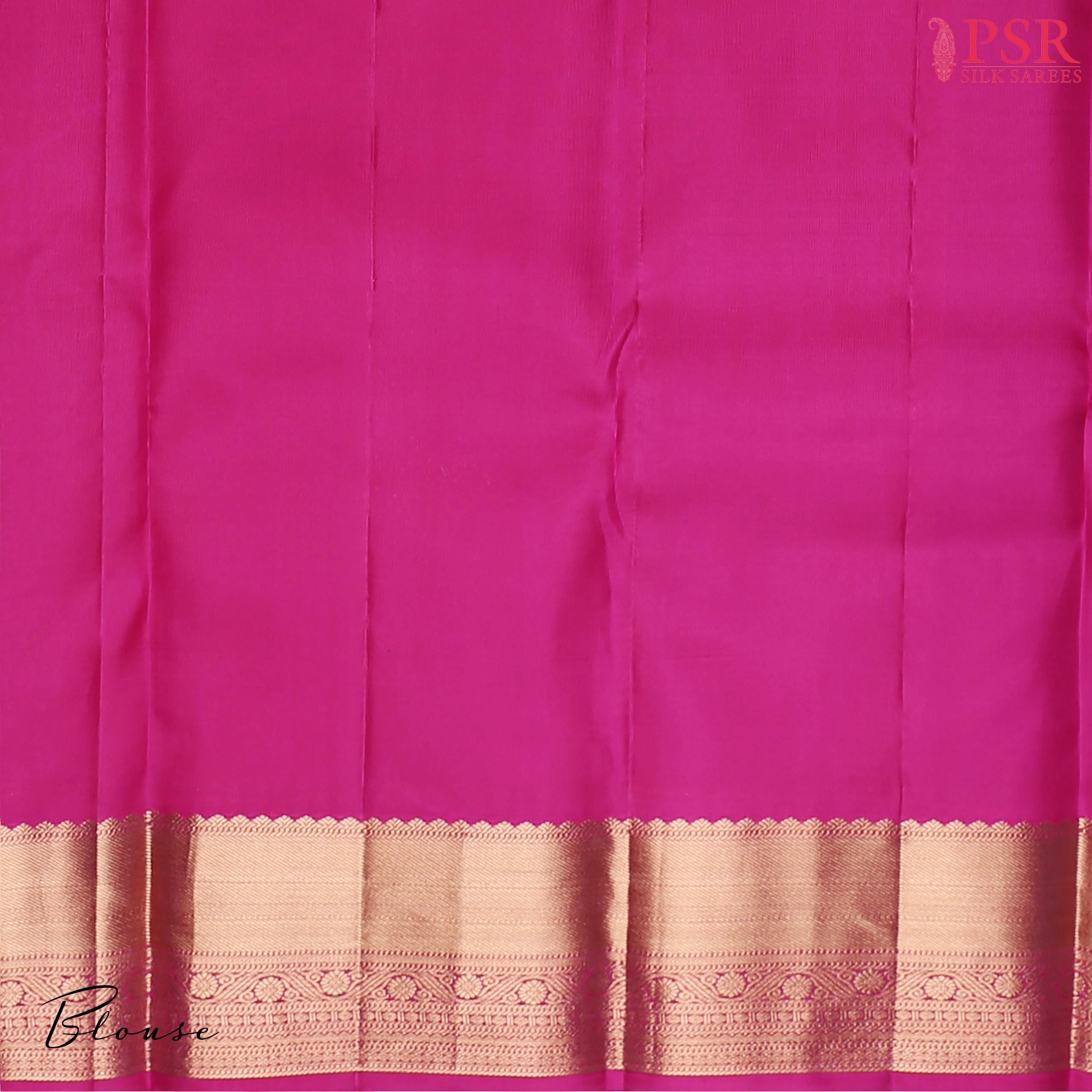 PSR Silks presents a Azure Blue Fancy Kanchipuram Silk Saree, elegantly paired with a striking Magenta Pink combination. A timeless blend of tradition and grace!