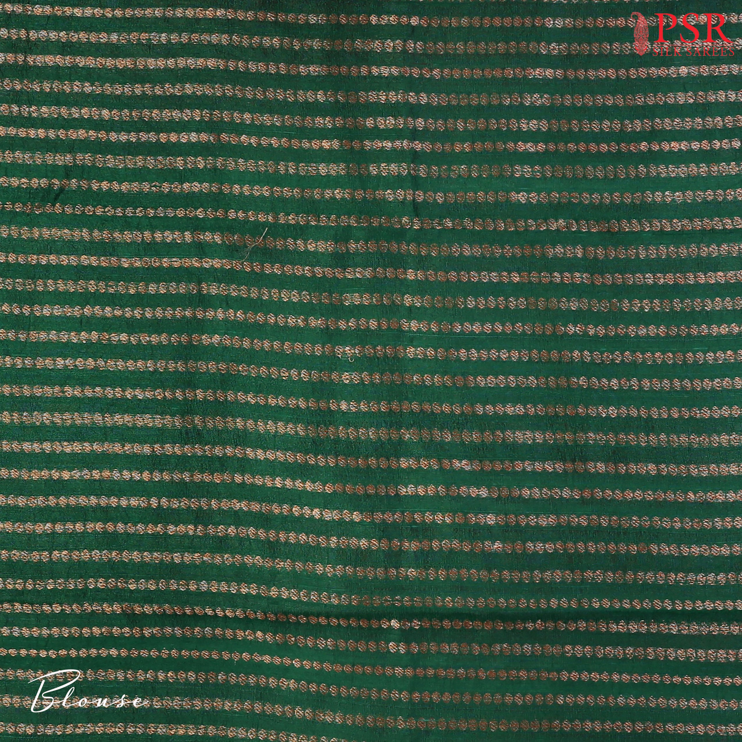 PSR Silks proudly presents a regal&nbsp;Red Banaras Jute Silk Saree, paired with a rich Dark Green combination.