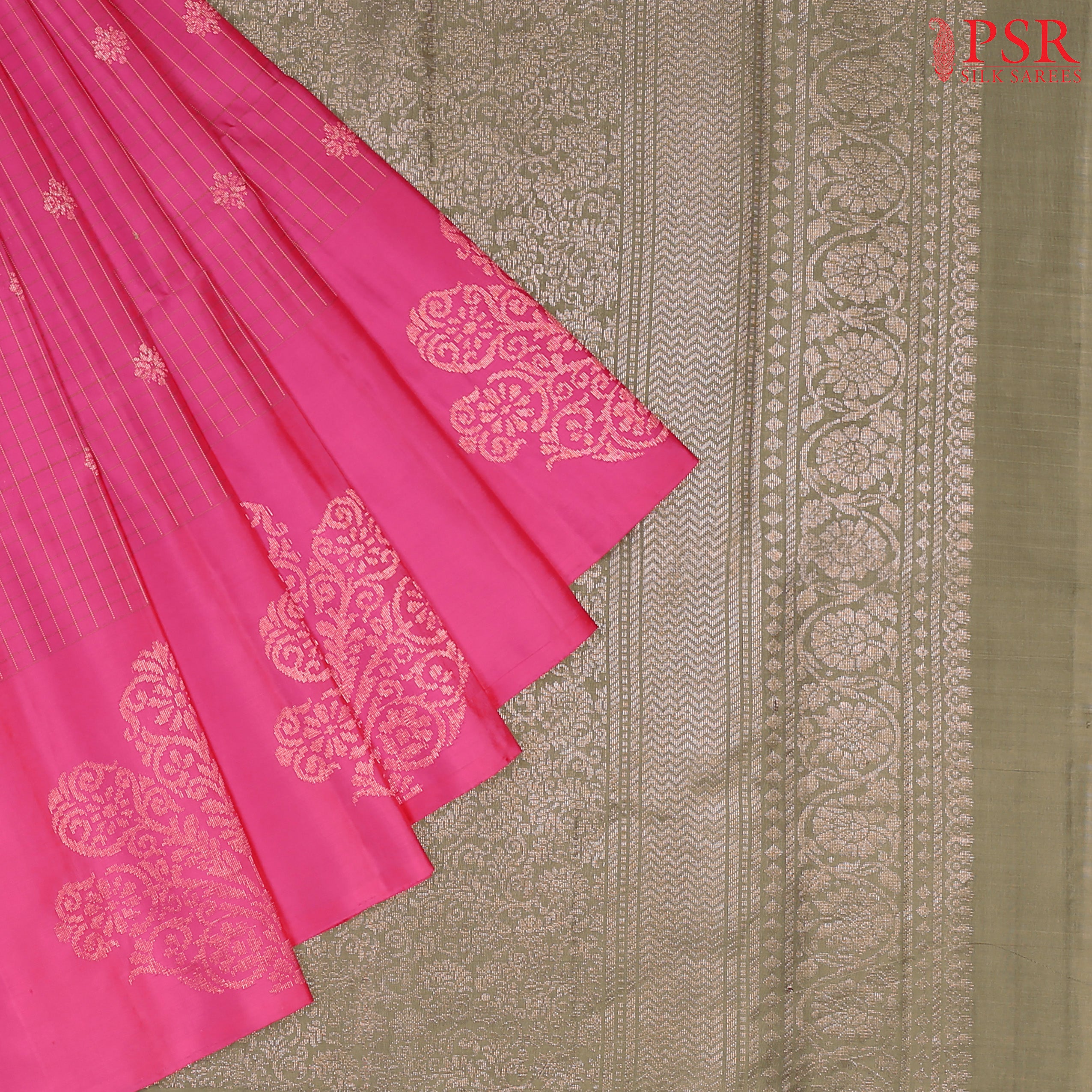 Step into Elegance with PSR Silks' Barbie Pink &amp; Laurel Green Soft Silk Saree!