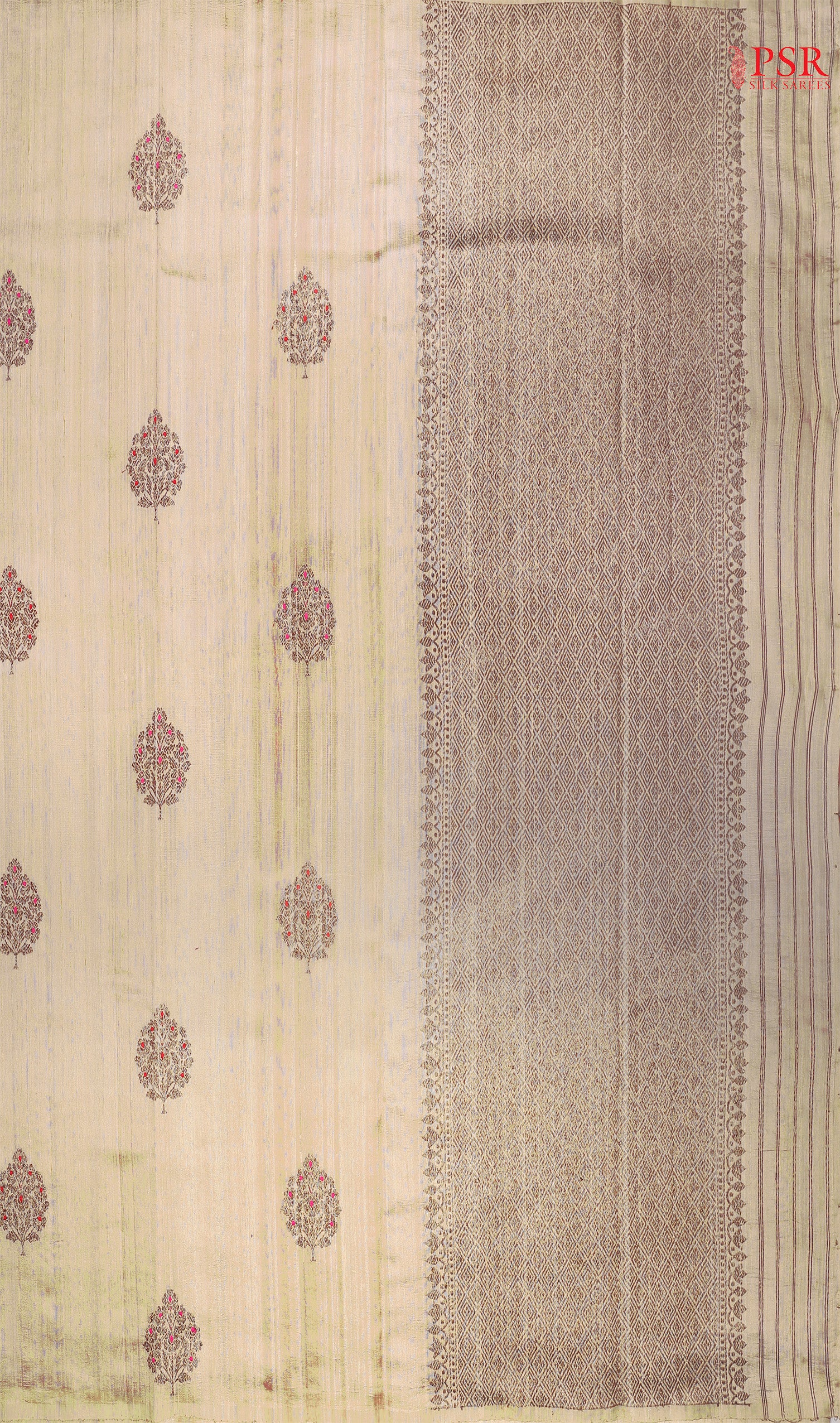 PSR Silks proudly presents a regal Beige&nbsp;Banaras Jute Silk Saree, paired with a rich Red combination.