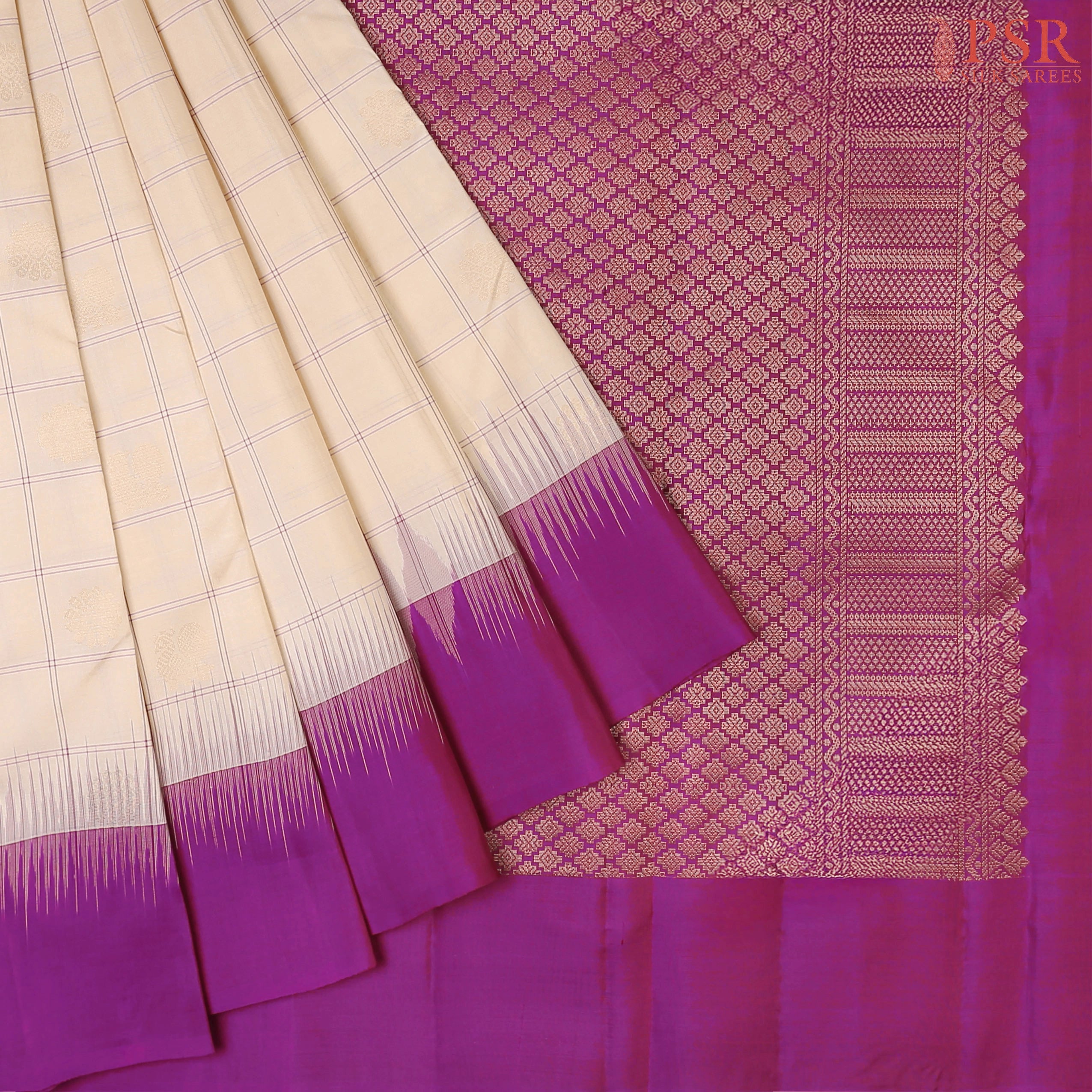 PSR Silks presents a Beige Fancy Kanchipuram Silk Saree, elegantly paired with a striking Magenta Purple combination. A timeless blend of tradition and grace