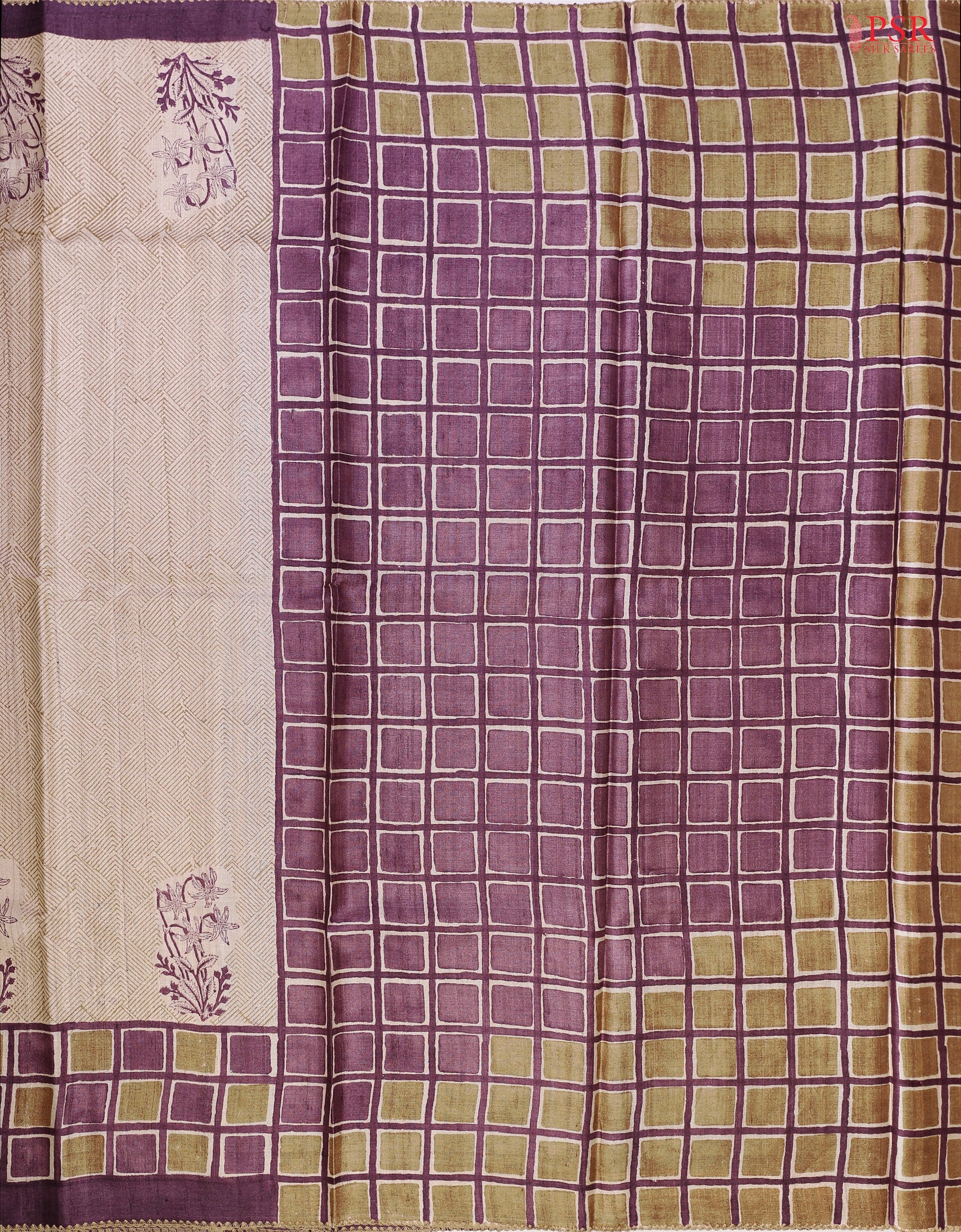 Beige Kadhi Tussar Silk Saree featuring purple floral prints, Olive Grove tessellation designs, and a checkered pallu with a Purple tissue-striped blouse.