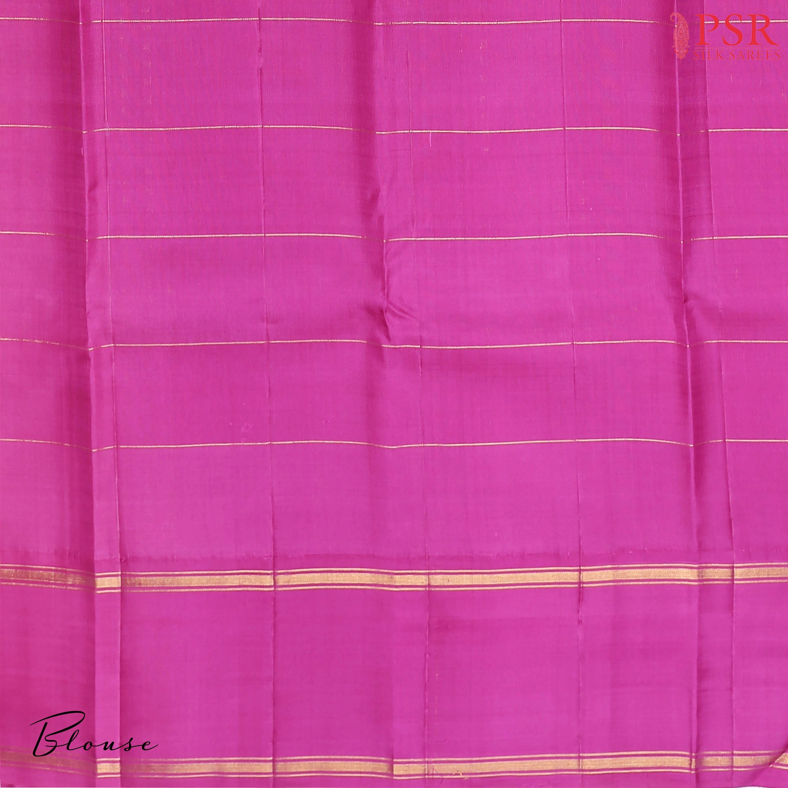 Beige & Salmon Kanchipuram Silk Saree with Pallum Pazhamum Checks, Zari Motifs & Magenta Purple Zari Border – Smartika Kanjivaram by PSR Silks