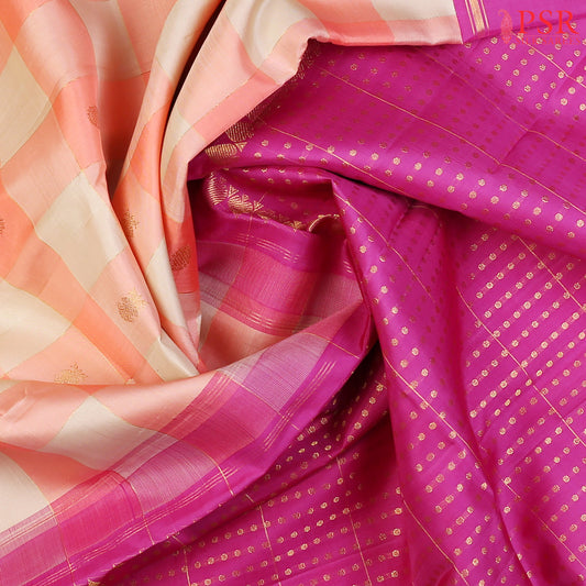 Beige & Salmon Kanchipuram Silk Saree with Pallum Pazhamum Checks, Zari Motifs & Magenta Purple Zari Border – Smartika Kanjivaram by PSR Silks