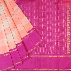 Beige & Salmon Kanchipuram Silk Saree with Pallum Pazhamum Checks, Zari Motifs & Magenta Purple Zari Border – Smartika Kanjivaram by PSR Silks