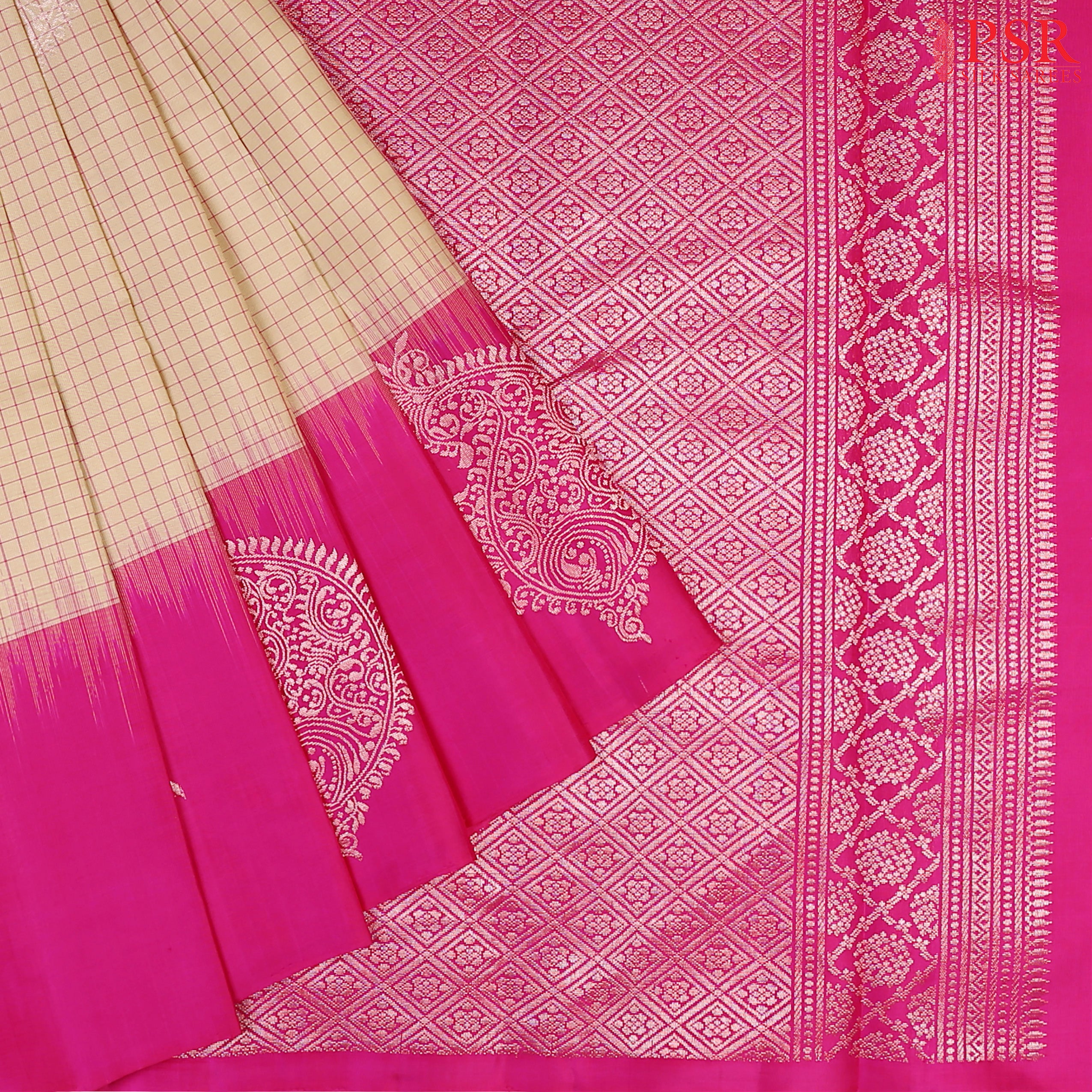 Wrap yourself in the enchanting beauty of our&nbsp;Beige Soft Silk Saree, paired with a striking Magenta Pink combination. 