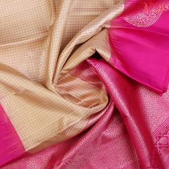 Wrap yourself in the enchanting beauty of our&nbsp;Beige Soft Silk Saree, paired with a striking Magenta Pink combination. 