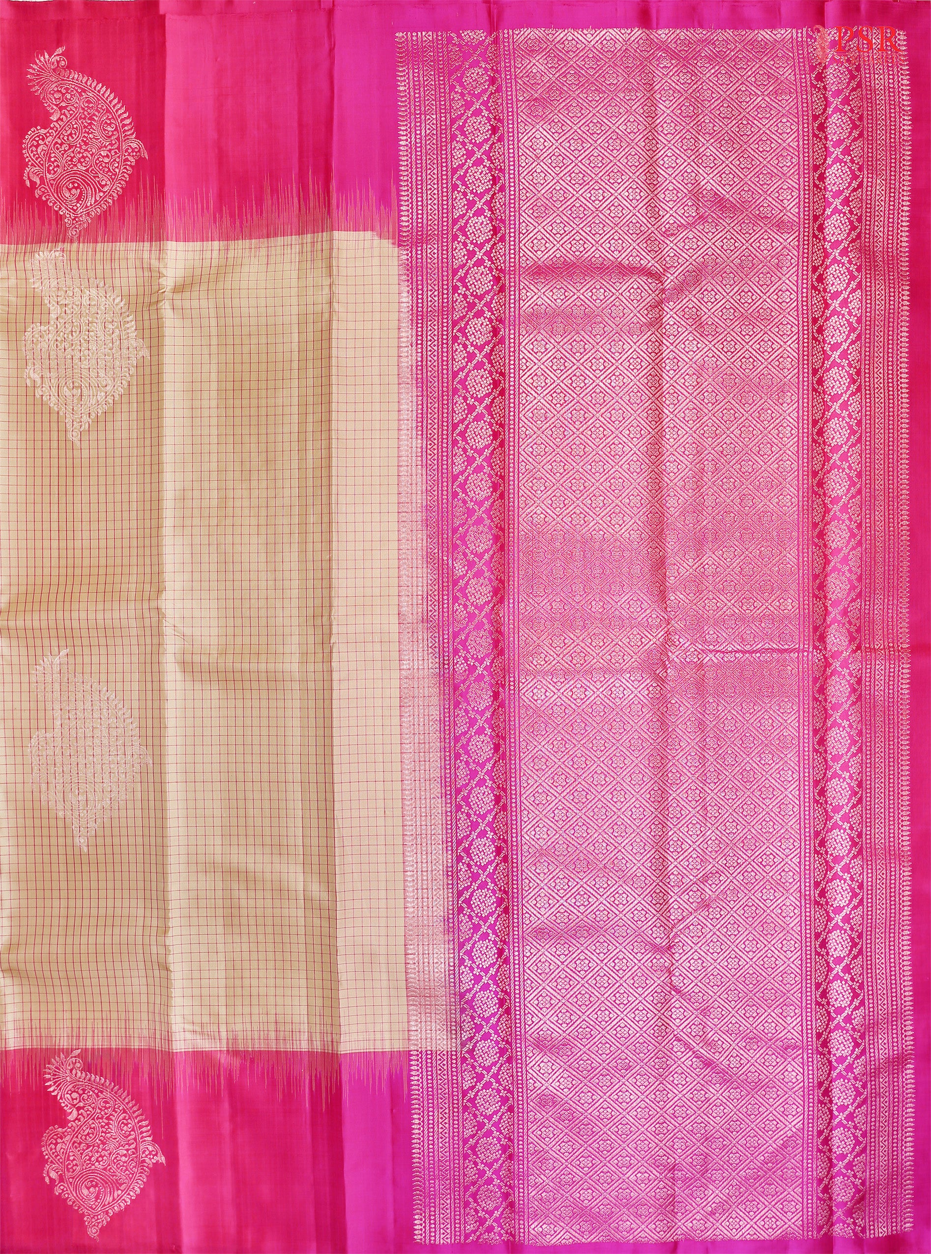 Wrap yourself in the enchanting beauty of our&nbsp;Beige Soft Silk Saree, paired with a striking Magenta Pink combination. 