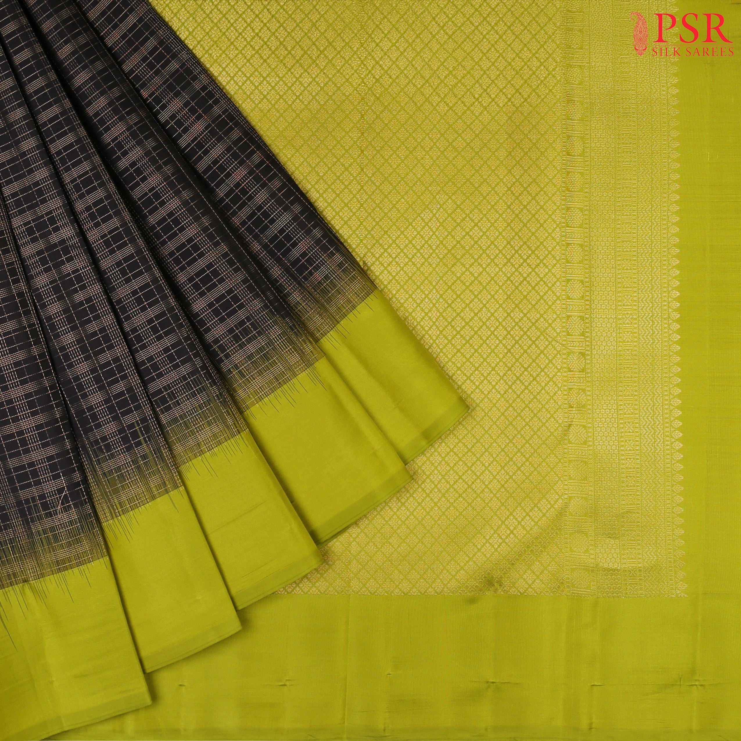 PSR Silks presents a Black Fancy Kanchipuram Silk Saree, elegantly paired with a striking Chartreuse Green combination. A timeless blend of tradition and grace!