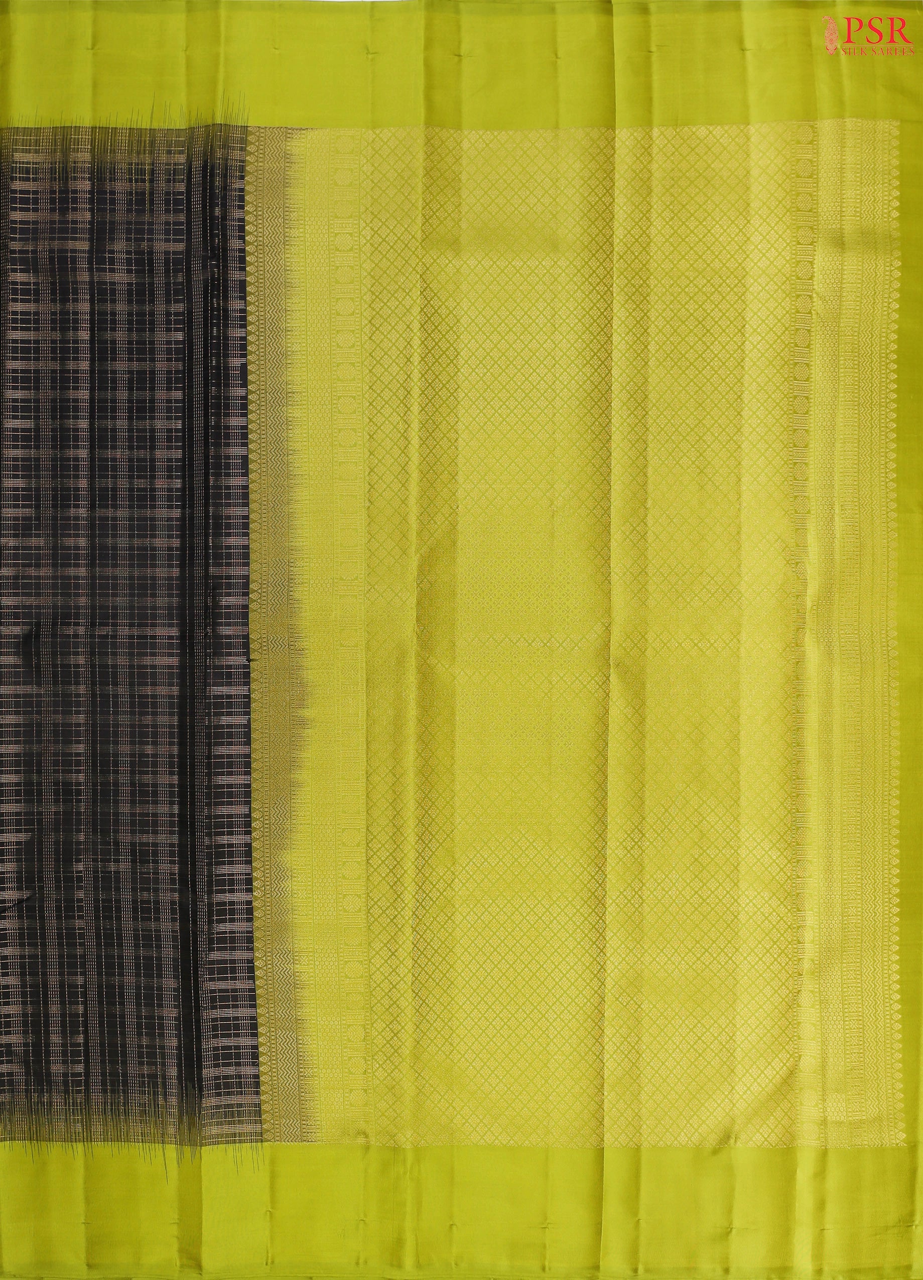 PSR Silks presents a Black Fancy Kanchipuram Silk Saree, elegantly paired with a striking Chartreuse Green combination. A timeless blend of tradition and grace!