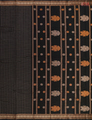 PSR Silks presents a traditional handloom Kalakshetra Kovai Cotton saree in a captivating Black & beautifully weaved with beige & orange thread work.