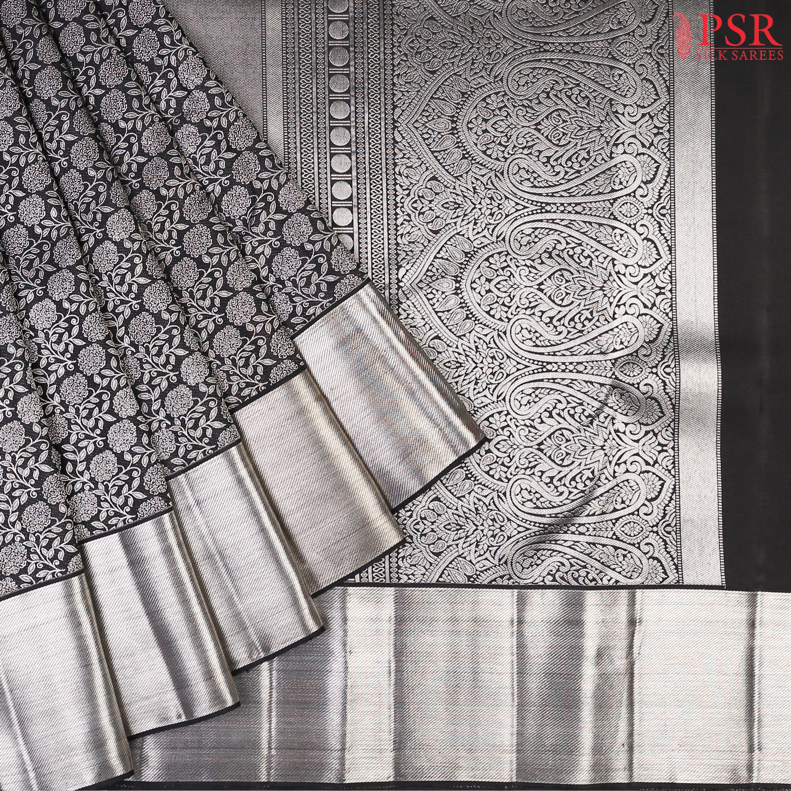 Black Kanchipuram Silk Saree with Silver Zari Floral Jacquard Weave, Pallu & Border – Shrestha Kanjivaram by PSR Silks