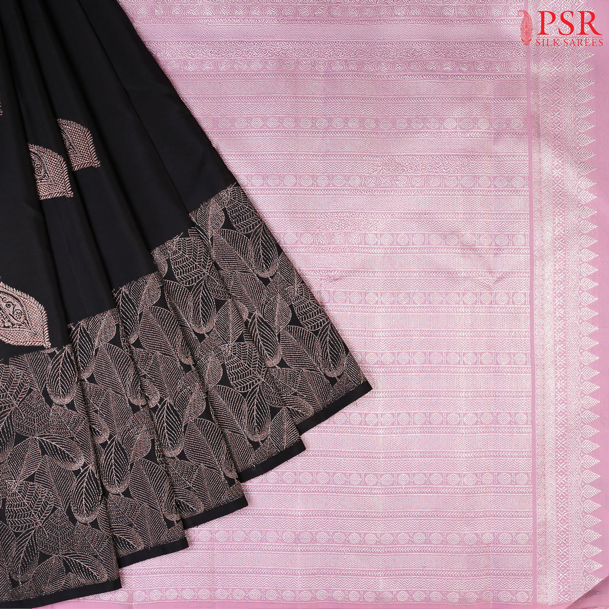 Black Kanchipuram Silk Saree from "Shrestha Kanjivaram" with Copper Zari Paisley Motifs, Kobi Pink Zari Pallu & Plain Blouse – PSR Silks