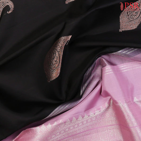 Black Kanchipuram Silk Saree from "Shrestha Kanjivaram" with Copper Zari Paisley Motifs, Kobi Pink Zari Pallu & Plain Blouse – PSR Silks