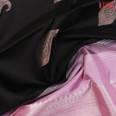 Black Kanchipuram Silk Saree from "Shrestha Kanjivaram" with Copper Zari Paisley Motifs, Kobi Pink Zari Pallu & Plain Blouse – PSR Silks