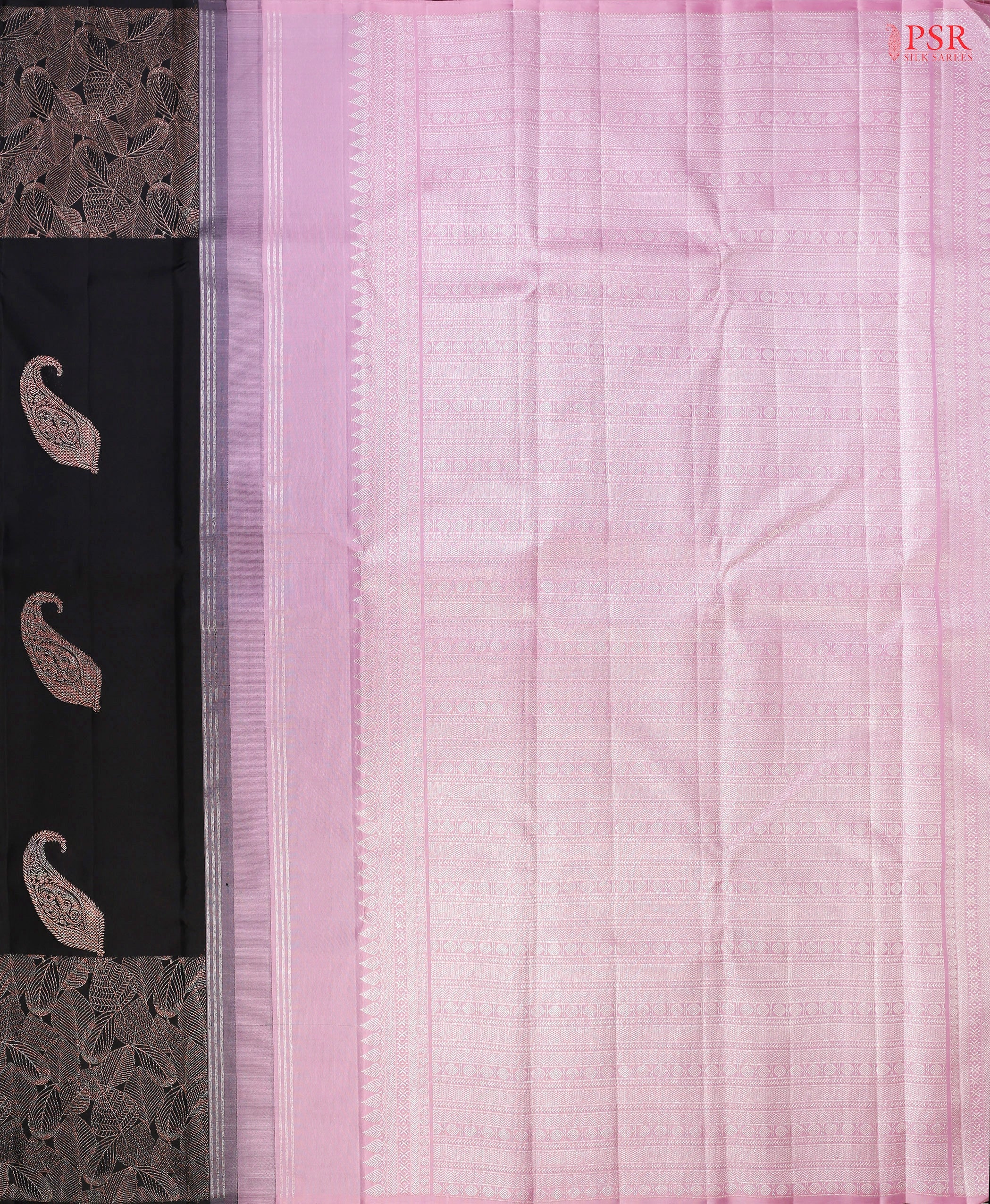 Black Kanchipuram Silk Saree from "Shrestha Kanjivaram" with Copper Zari Paisley Motifs, Kobi Pink Zari Pallu & Plain Blouse – PSR Silks