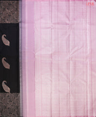 Black Kanchipuram Silk Saree from "Shrestha Kanjivaram" with Copper Zari Paisley Motifs, Kobi Pink Zari Pallu & Plain Blouse – PSR Silks