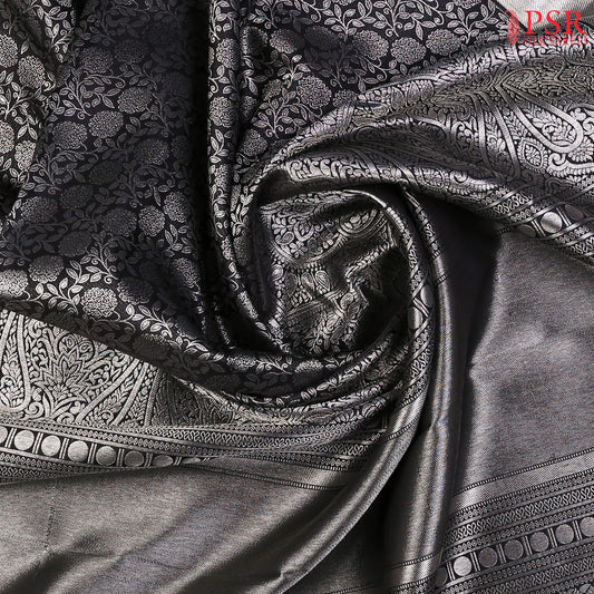 Black Kanchipuram Silk Saree with Silver Zari Floral Jacquard Weave, Pallu & Border – Shrestha Kanjivaram by PSR Silks