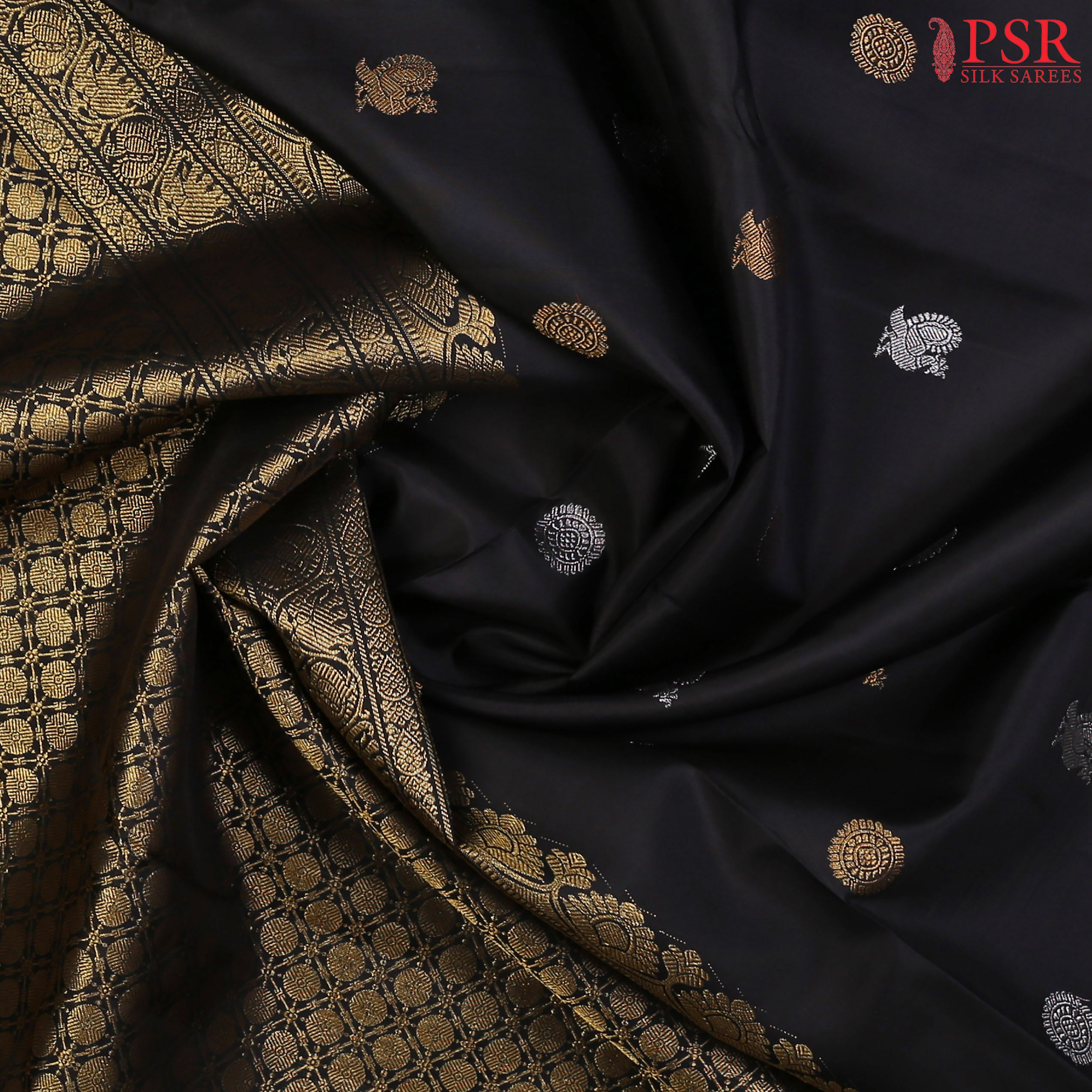 This Black Kanchipuram Silk Saree from PSR Silk Sarees is a magnificent addition to the "Smartika Kanjivaram" collection