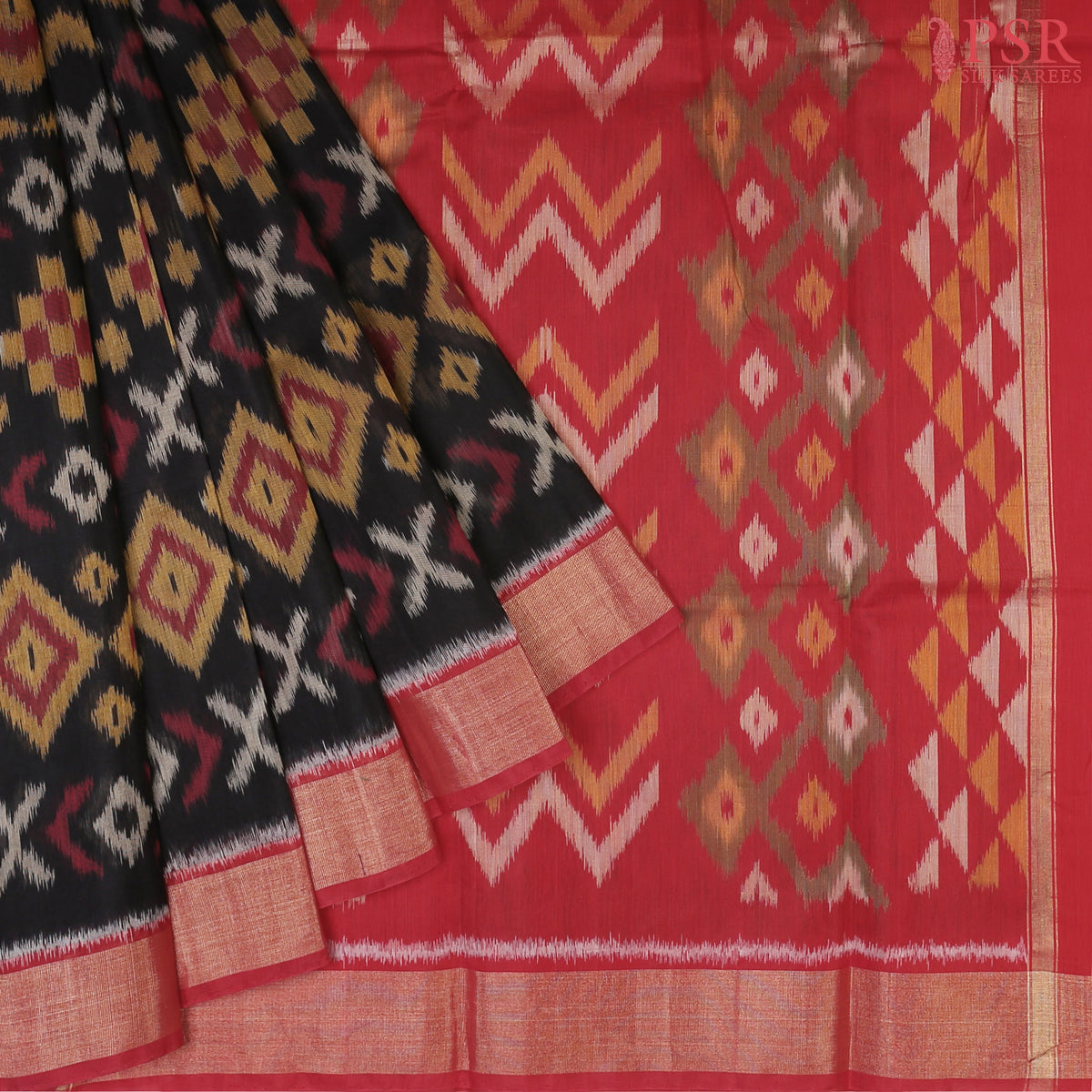 Black Patola Pochampally Silk Cotton Saree featuring Ikkat patterns, a contrasting red Pochampally motif pallu, tissue border, and a plain blouse.