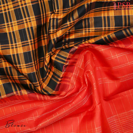 Black and Mustard Kanchipuram Silk Saree with Tartan Pattern, Vermilion Red Zari Chit Pallu and Zari Checks Blouse – PSR Silks