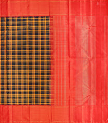 Black and Mustard Kanchipuram Silk Saree with Tartan Pattern, Vermilion Red Zari Chit Pallu and Zari Checks Blouse – PSR Silks