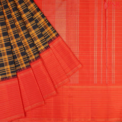 Black and Mustard Kanchipuram Silk Saree with Tartan Pattern, Vermilion Red Zari Chit Pallu and Zari Checks Blouse – PSR Silks