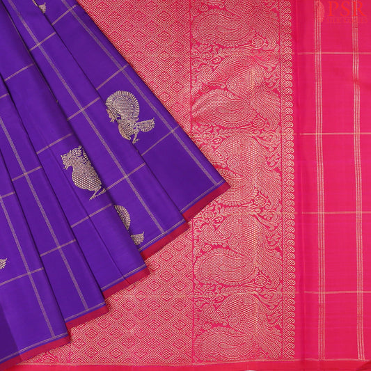 This Blue Violet & Magenta Pink Kanchipuram Silk Saree from PSR Silk Sarees is an exquisite addition to the Shrestha Kanjivaram collection