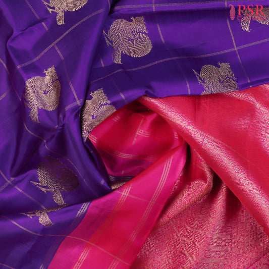 This Blue Violet & Magenta Pink Kanchipuram Silk Saree from PSR Silk Sarees is an exquisite addition to the Shrestha Kanjivaram collection