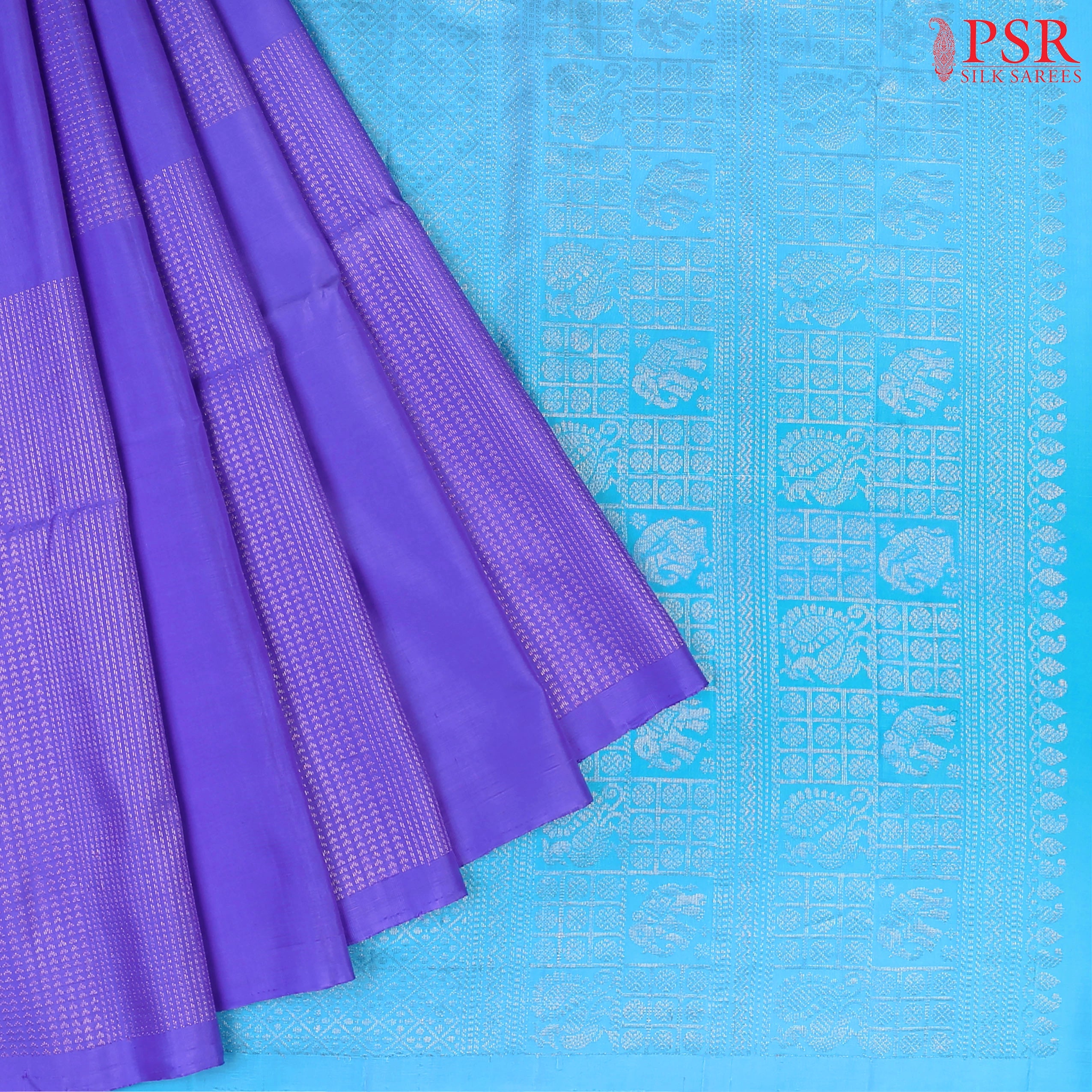 Blurple Soft Silk Saree with Silver Zari Big Jacquard Motifs, Deep Sky Blue Pallu with Copper Zari Work – PSR Silks