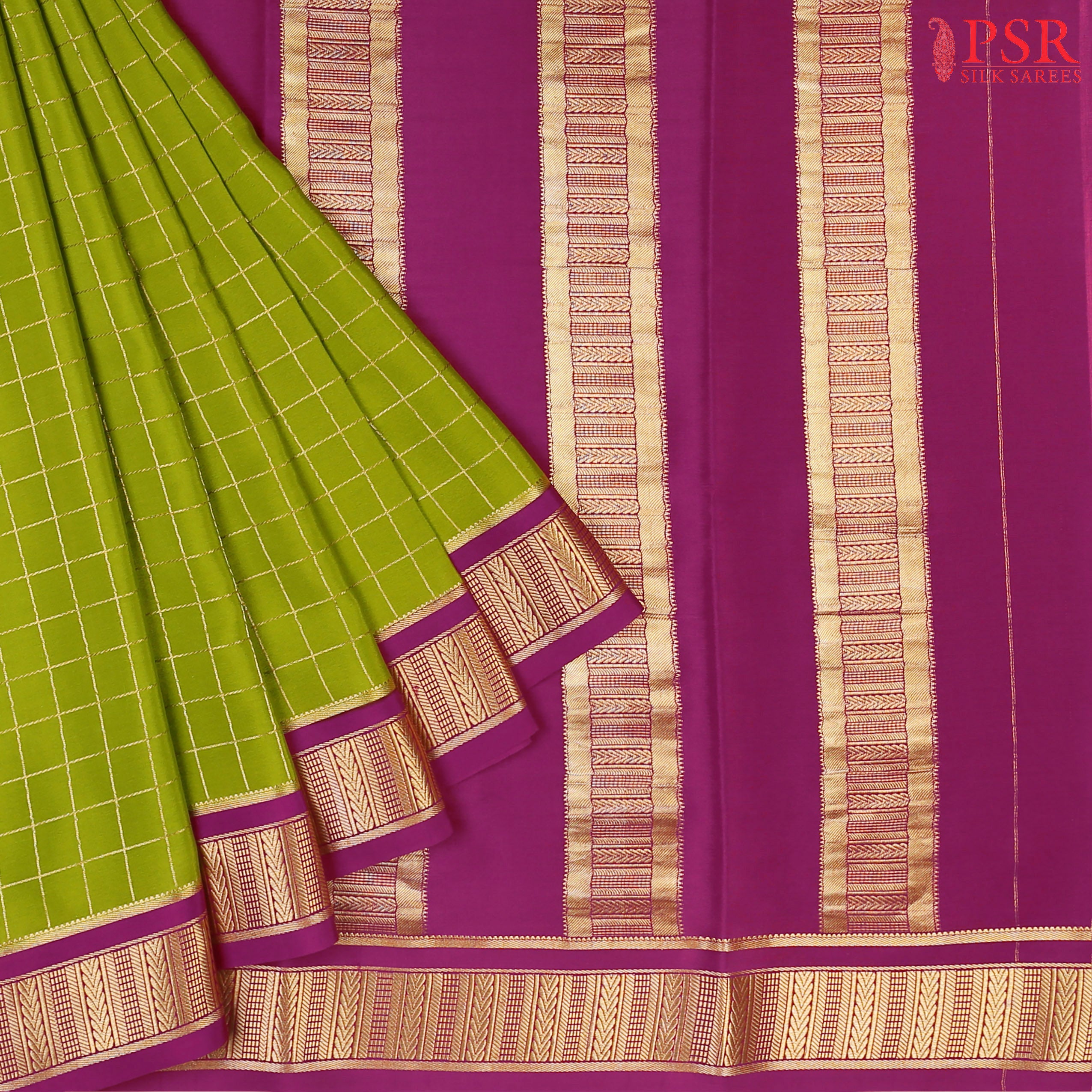 Radiate grace with PSR Silks' Bright Olive Green Mysore Silk saree, perfectly paired with a rich Mulberry Purple combination