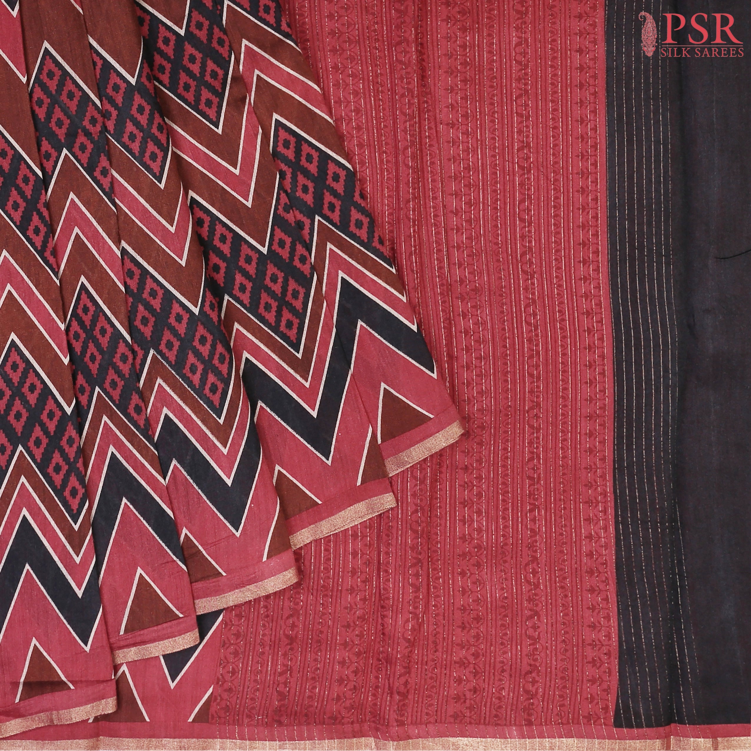 Brown Kadhi Tussar Silk Saree with Black & Cerise Maroon hues, featuring a tri-colored chevron pattern, zari-striped pallu, and a matching printed blouse.