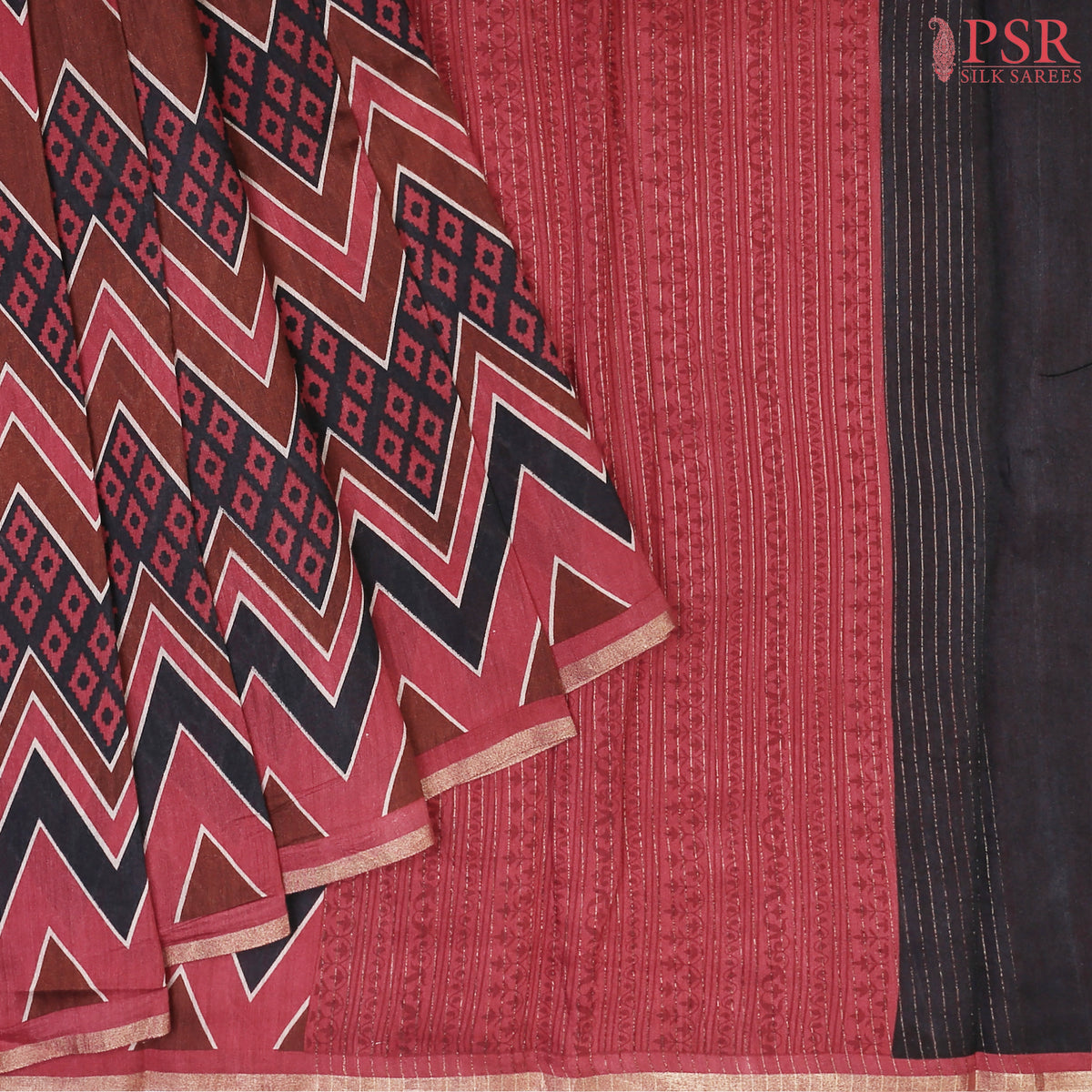 Brown Kadhi Tussar Silk Saree with Black & Cerise Maroon hues, featuring a tri-colored chevron pattern, zari-striped pallu, and a matching printed blouse.