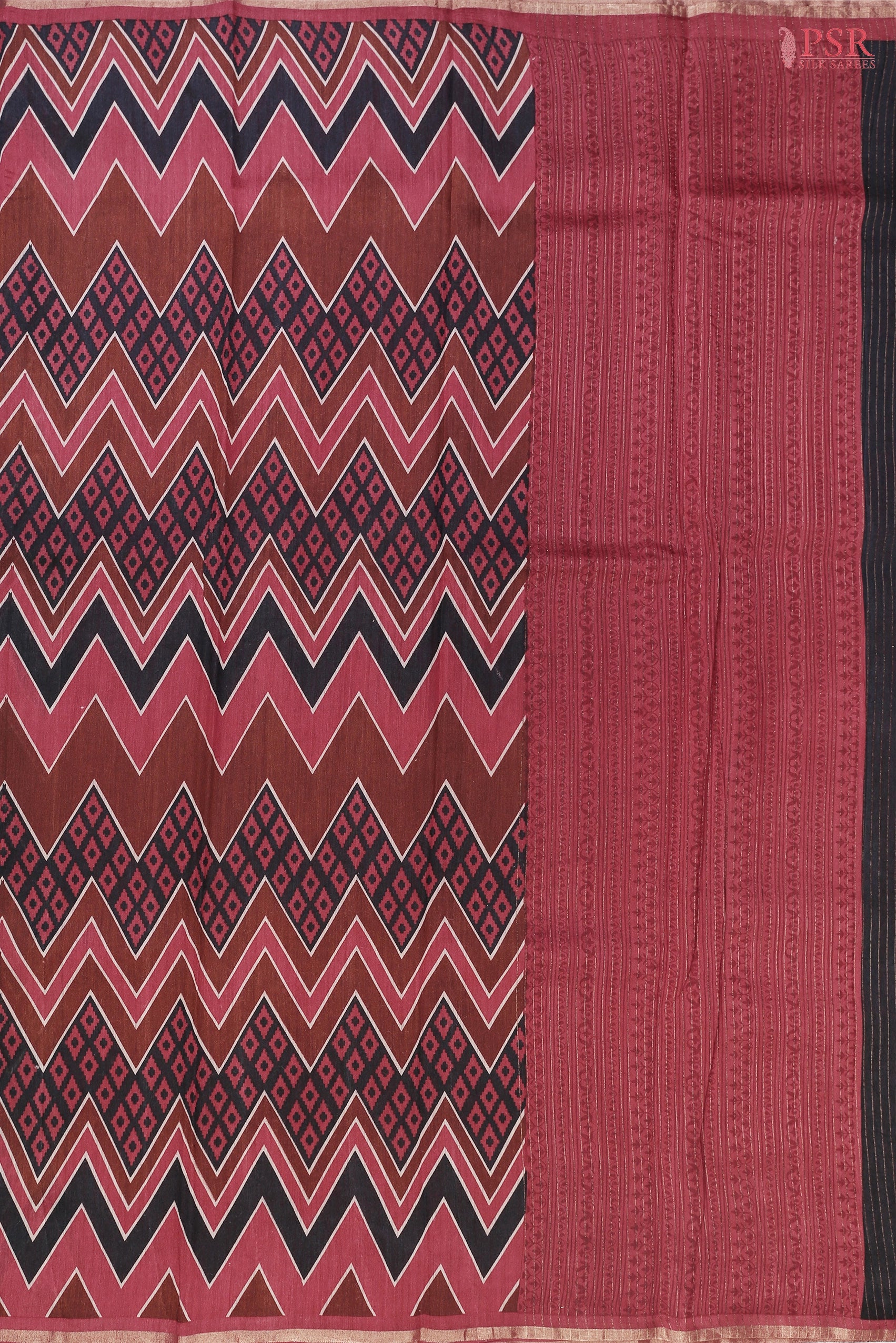 Brown Kadhi Tussar Silk Saree with Black & Cerise Maroon hues, featuring a tri-colored chevron pattern, zari-striped pallu, and a matching printed blouse.