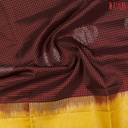 Brown Soft Silk Saree with Yellow Checkered Pattern, Silver Zari Floral Paisley Motifs & Elegant Yellow Pallu – PSR Silks