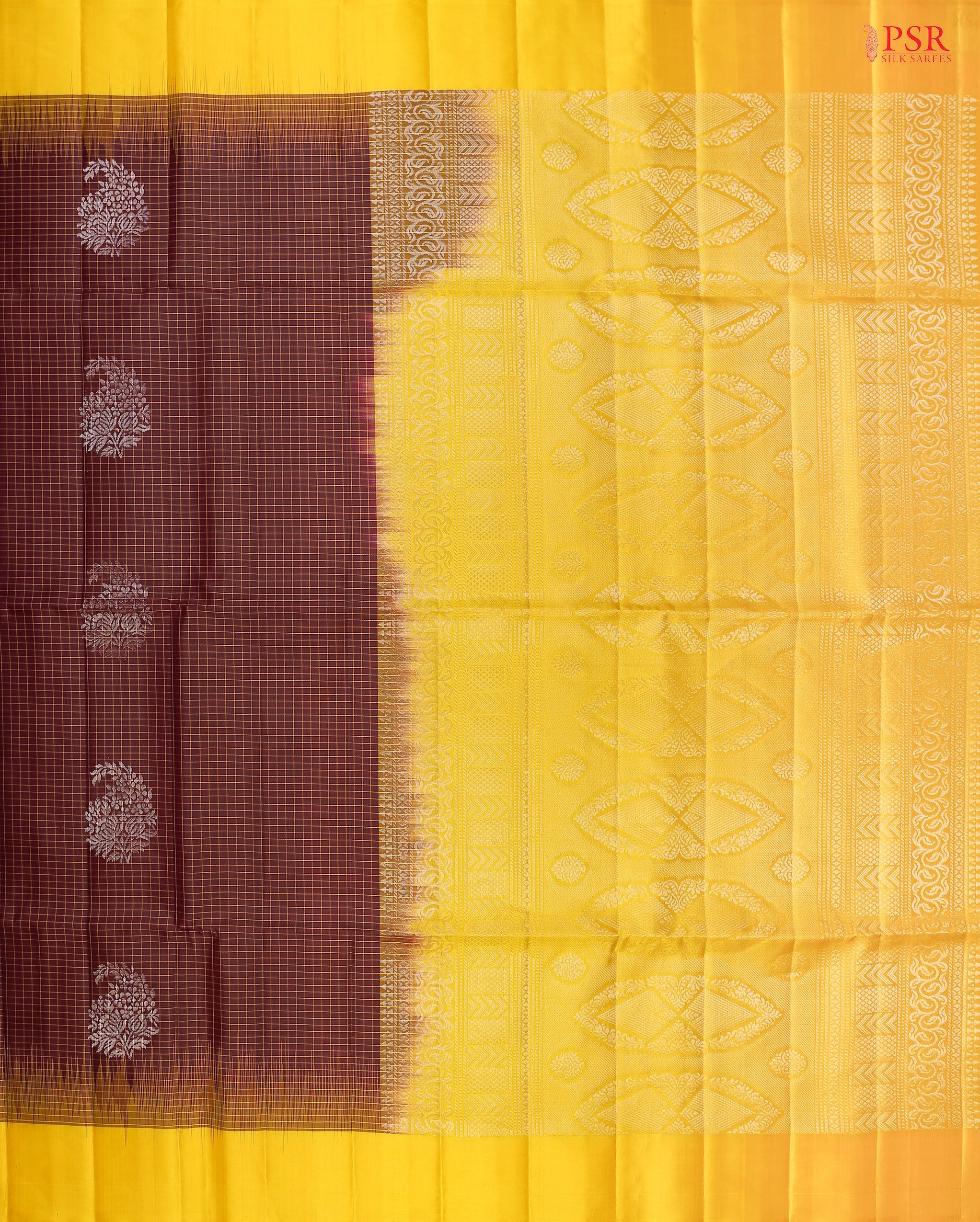 Brown Soft Silk Saree with Yellow Checkered Pattern, Silver Zari Floral Paisley Motifs & Elegant Yellow Pallu – PSR Silks