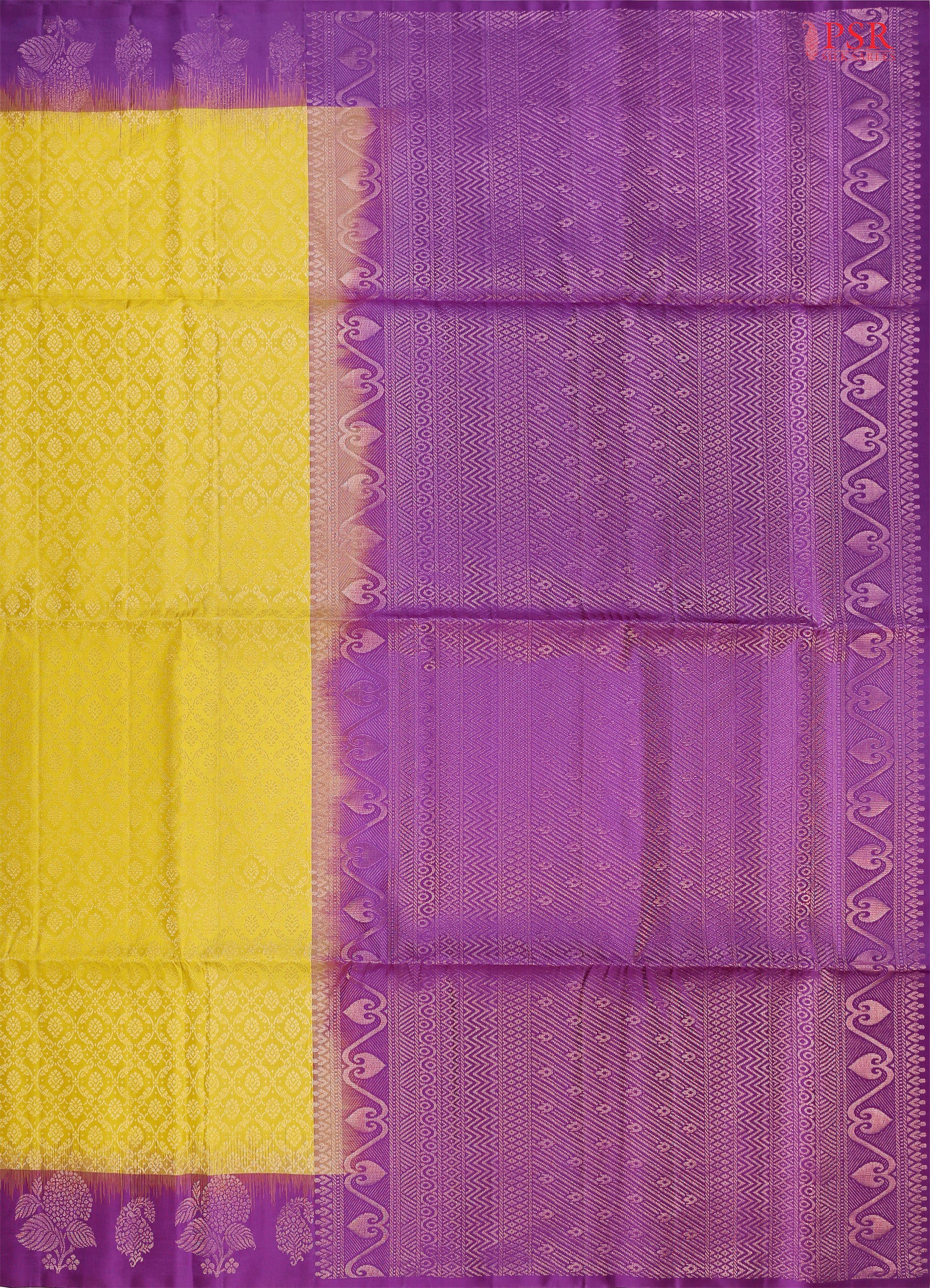 Wrap yourself in the radiance of tradition with our Burberry Yellow Soft Silk Saree, beautifully contrasted with a Vivid Violet hue. 