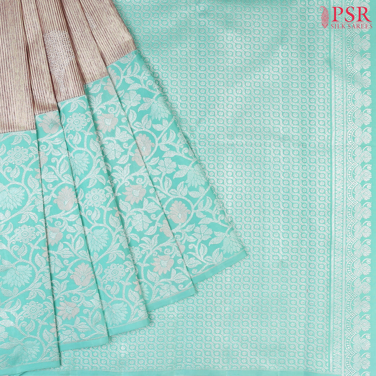 Budding Peach Kanchipuram Silk Saree from "Shrestha Kanjivaram" with Saaral Tissue Weaves, Floral Zari Motifs, One-Sided Zari Jacquard Border & Turquoise Pallu – PSR Silks