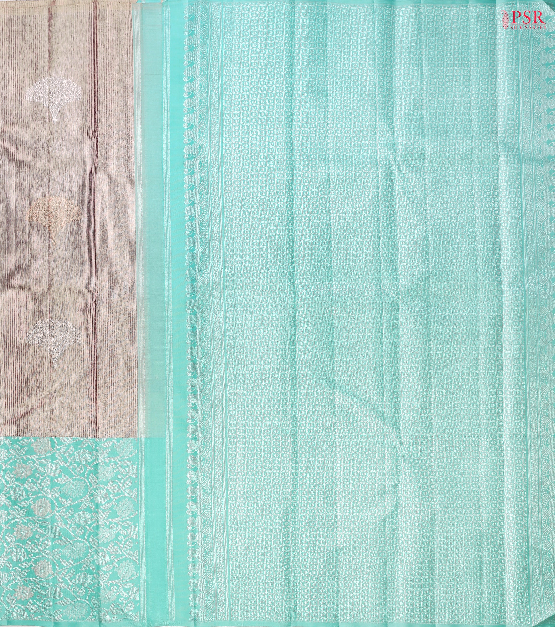 Budding Peach Kanchipuram Silk Saree from "Shrestha Kanjivaram" with Saaral Tissue Weaves, Floral Zari Motifs, One-Sided Zari Jacquard Border & Turquoise Pallu – PSR Silks